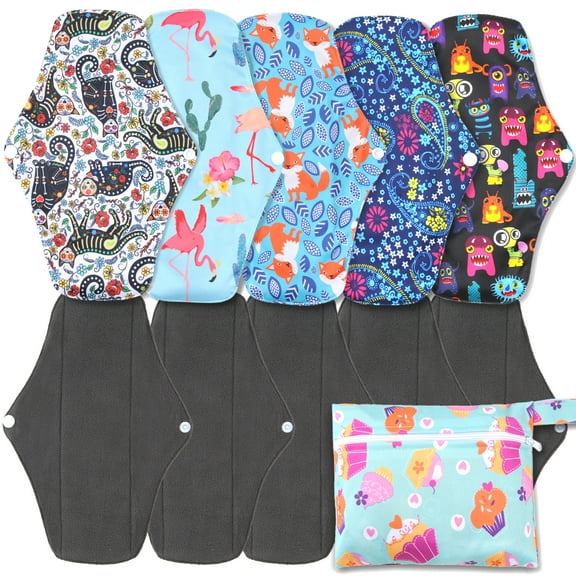 6 in 1 Reusable Menstrual Pads,5 PCs Sanitary Pad Set with Wings Waterproof Washable Sanitary Menstrual Cloth Pads Panty Liners for Women