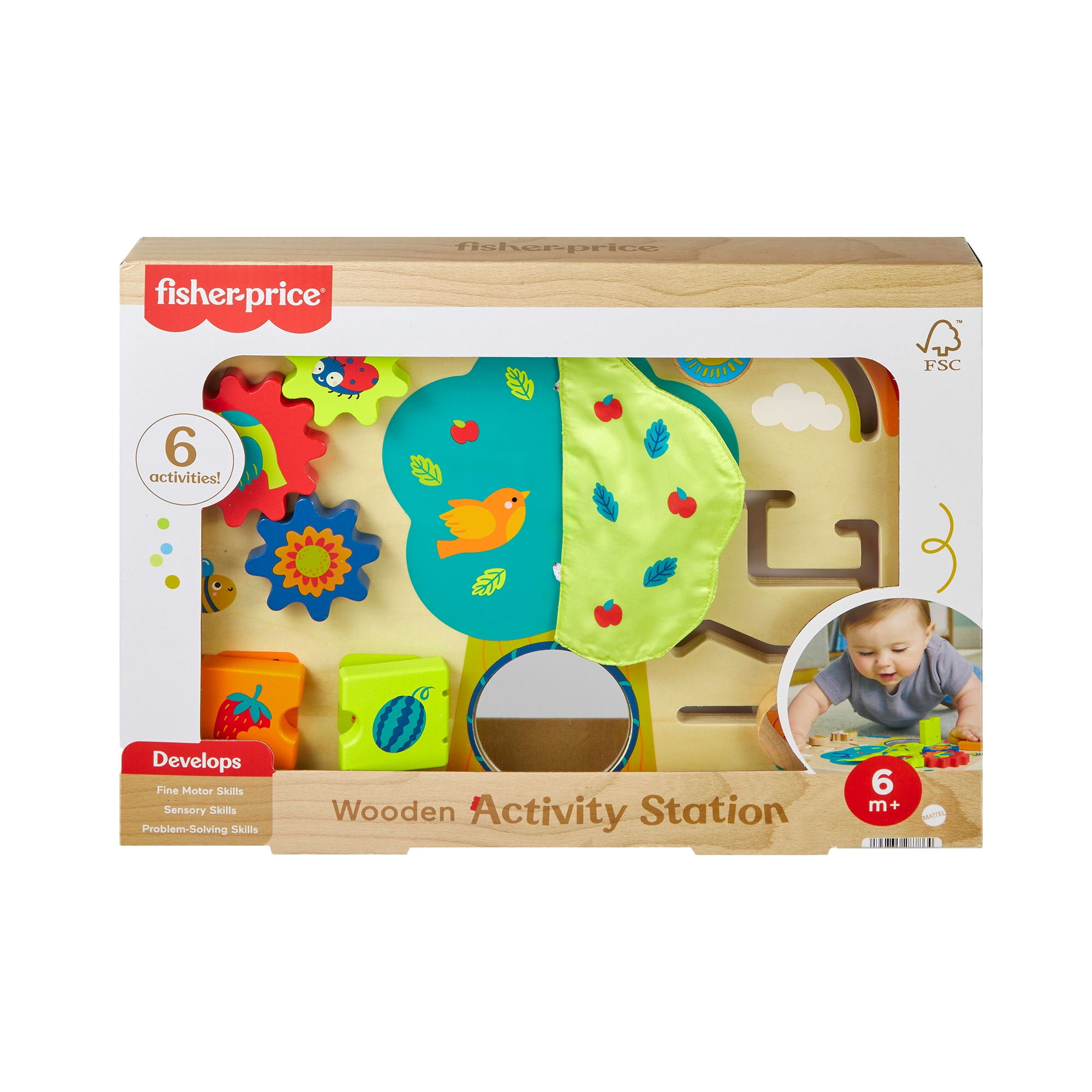 Fisher-Price Wooden Activity Station Baby Busy Board Toy for Developmental Play, 6 Months +