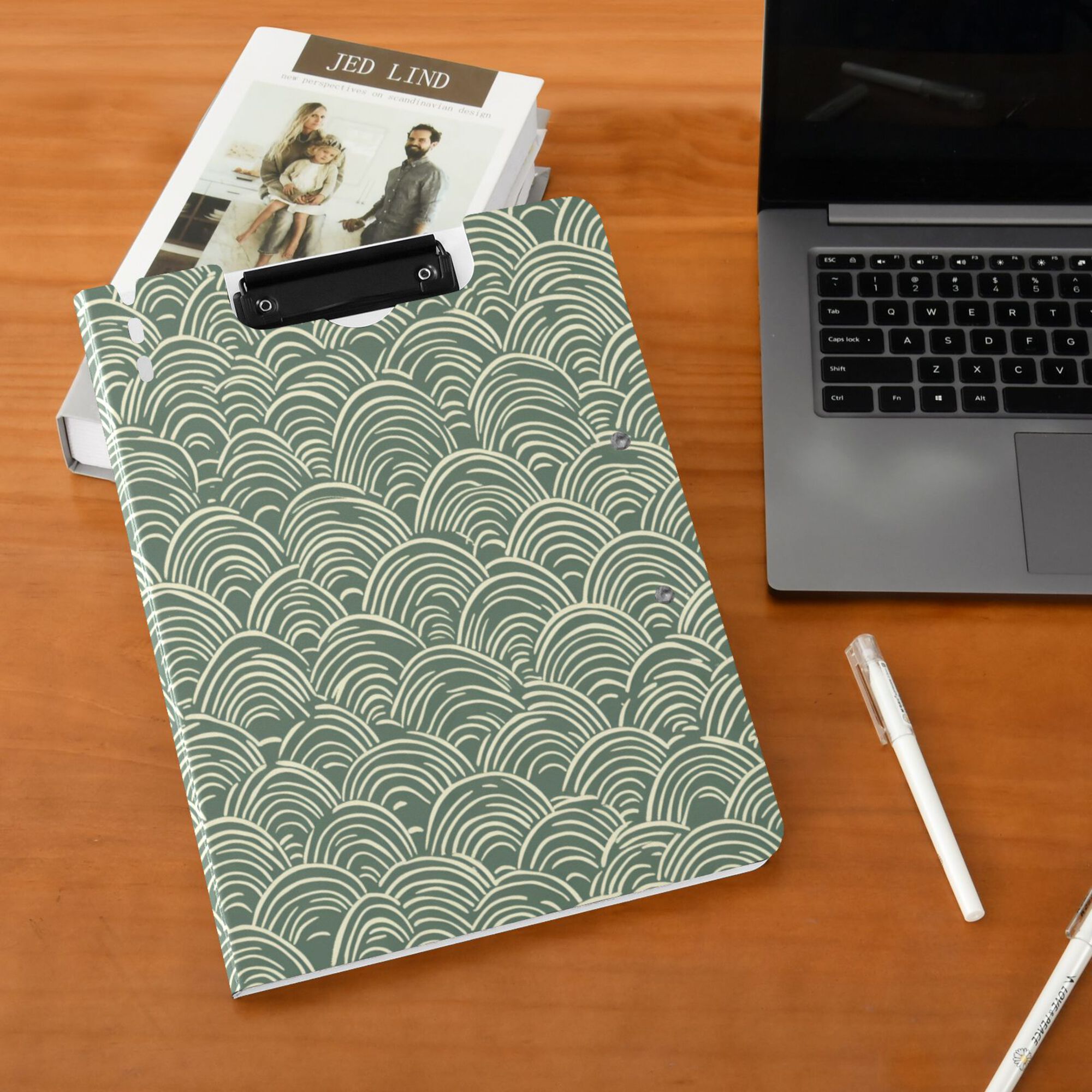FORMRS A4 Clipboard Folder with Pen Holder Horizontal Foldable School Office Binder, Retro Green Abstract