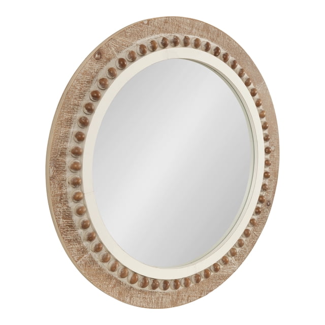 Kate and Laurel Maddigan Rustic Beaded Round Mirror, 28 Inch Diameter, Rustic Brown and White, Decorative Farmhouse Circle Mirror with Distressed Finish
