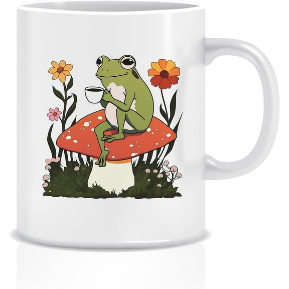 Cute Frog Mug – Frog Drinking Coffee on Mushroom Illustration, Cottagecore Aesthetic Ceramic Cup, Nature Lover Gift