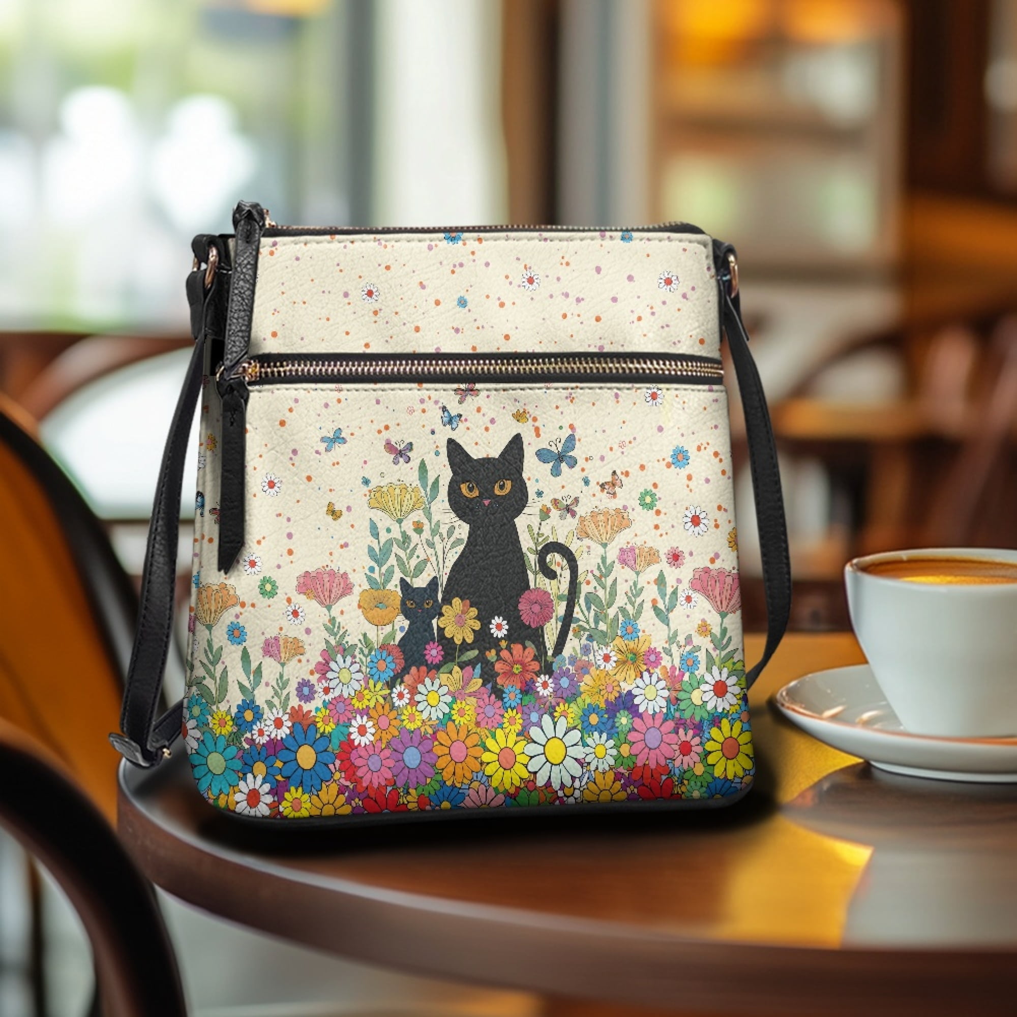 Kuiaobaty Black Cat Print Crossbody Bag for Women, Daisy Butterfly Print Vegan Leather Messenger Purse with Adjustable Strap, Large Capacity Shoulder Handbag Crossbody for Travel