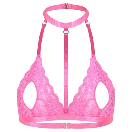 XUNZOO Women Sexy Lace Open Nipples Bralette Wire-Free Unlined Bra Top Nightwear Lingerie Rose XL