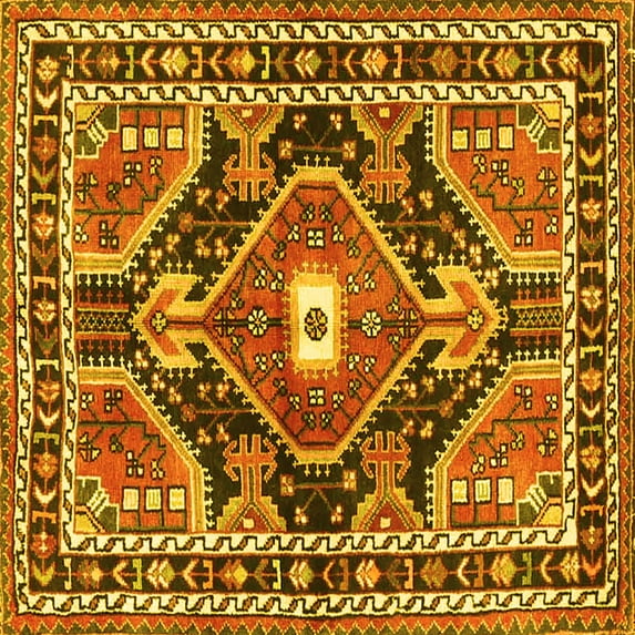 Ahgly Company Machine Washable Indoor Square Medallion Yellow Traditional Area Rugs, 7' Square
