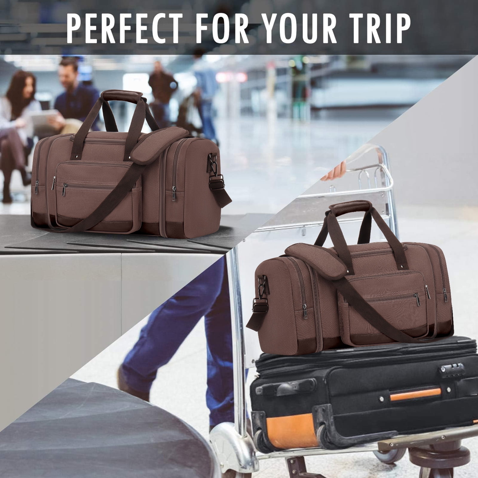 Gynky Duffle Bag for Travel Bag 46L Large Expendable Duffle Bags for Men Weekender Bag with Trolly Sleeve for Business Trip Travel Camp Gym, Coffee