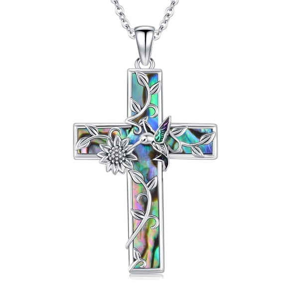 Coachuhhar Sunflower Cross Necklace 925 Sterling Silver Hummingbird Pendant Necklace Cross Jewelry Gifts for Women Mom Birthday