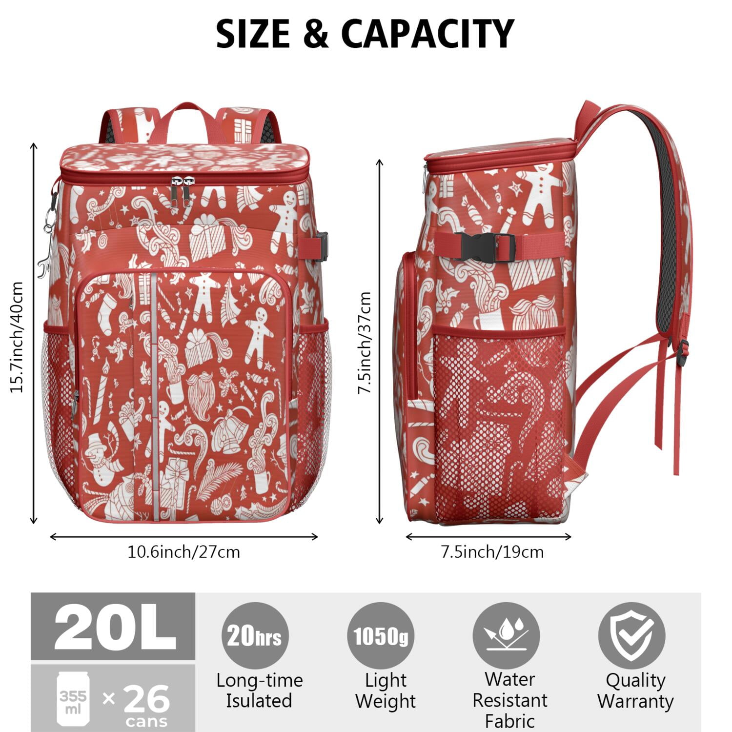 Travel Cooler Bag - Red Christmas Pattern Camping Beer Cooler Backpack with Bottle Opener- Waterproof Insulated Picnic Backpacks - Cooler Bag for Beach