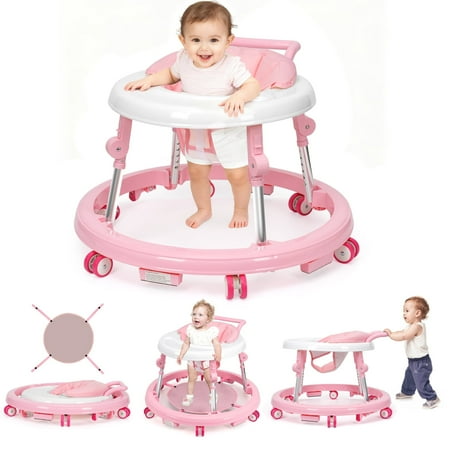 Poit Baby Walker One-Touch Foldable with 360° Wheels 9 Adjustable Heights Portable for Infants 6-18 Months Non-Slip & Stable for Hardwood Floors Pink