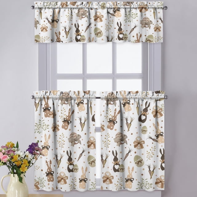 Easter Kitchen Curtains Valances 3 Piece Set,Spring Bunny Rabbit Eucalyptus Eggs Carrots Rod Pocket Short Kitchen Tier Curtain over Sink Window,Cute Farmhouse Cafe Curtains for Holiday Decor 36 Inch