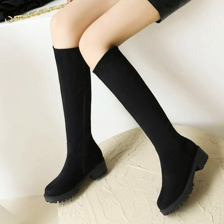 

Women Cotton Shoes Zip Mid Heel Casual Solid Color Knee High Winter Suede Warm Snow Knight Boots