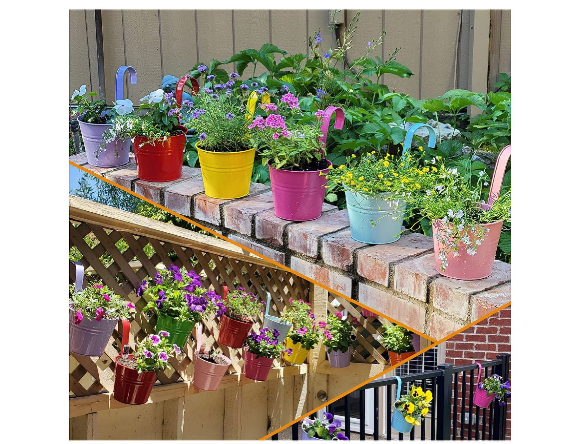 10 Pcs Iron Hanging Flower Pots, Topboutique 3.9" Multicolor Balcony Garden Railing Planter Pots, Durable Fence Patio Planter with Detachable Hook and Drainage Hole for Indoor Outdoor,Random Color