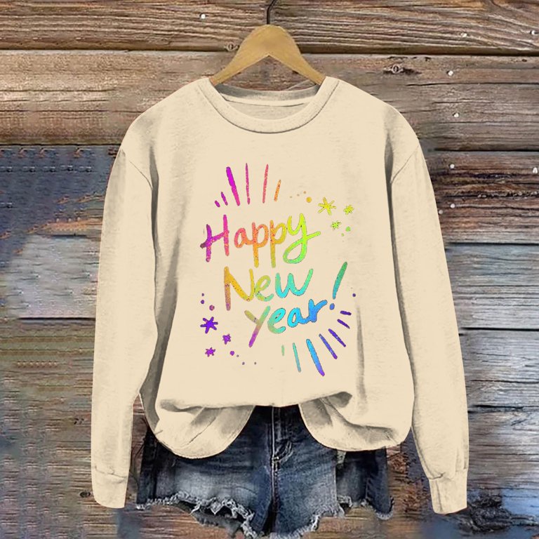 Women's 2024 New Year Eve Tops Letter Print Crewneck Casual Pullover  Oversized Loose Fit Warm Shirts 2024