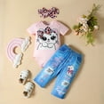 thumbnail image 5 of JIAYUE Baby Girls 3-Piece Outfit Short Sleeve Cartoon Print Bodysuit Elastic Waist Denim Pants And Leopard Headband For Outdoor Walking,9-12 Months, 5 of 8