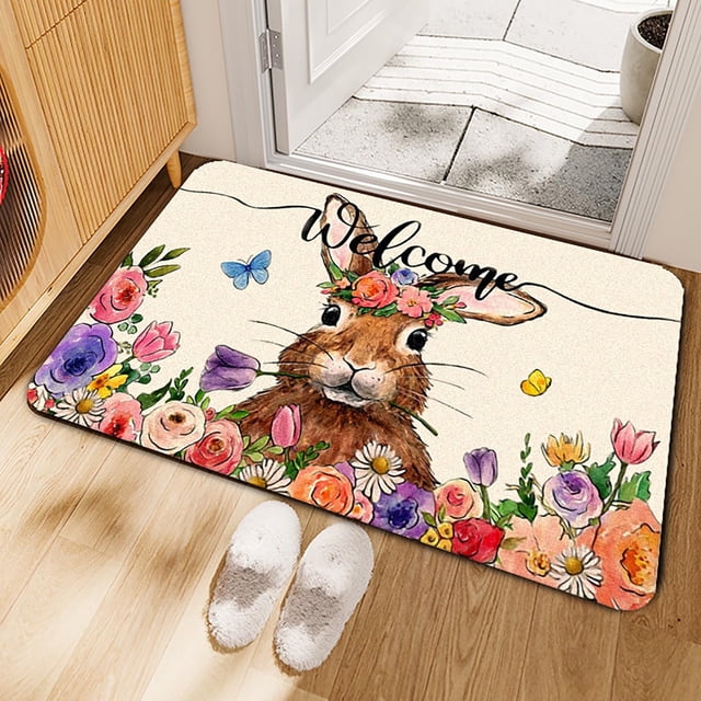 Weloille Easter Area Rug 1Pc, Cartoon Rabbit Egg Pattern Non-Slip Carpet, Soft Washable Absorbent Decorative Mat for Living Room Bedroom Entryway Easter Home Decor