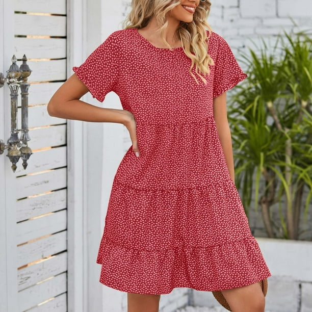 WILLBEST Vestidos Largos Casuales para Mujer, Vestido Bohemio con Vuelo, Cuello Cuadrado, Manga Corta, Vestido Informal con Volantes para Verano, Ligero, Escalonado, Midi para Mujer Extra Grande