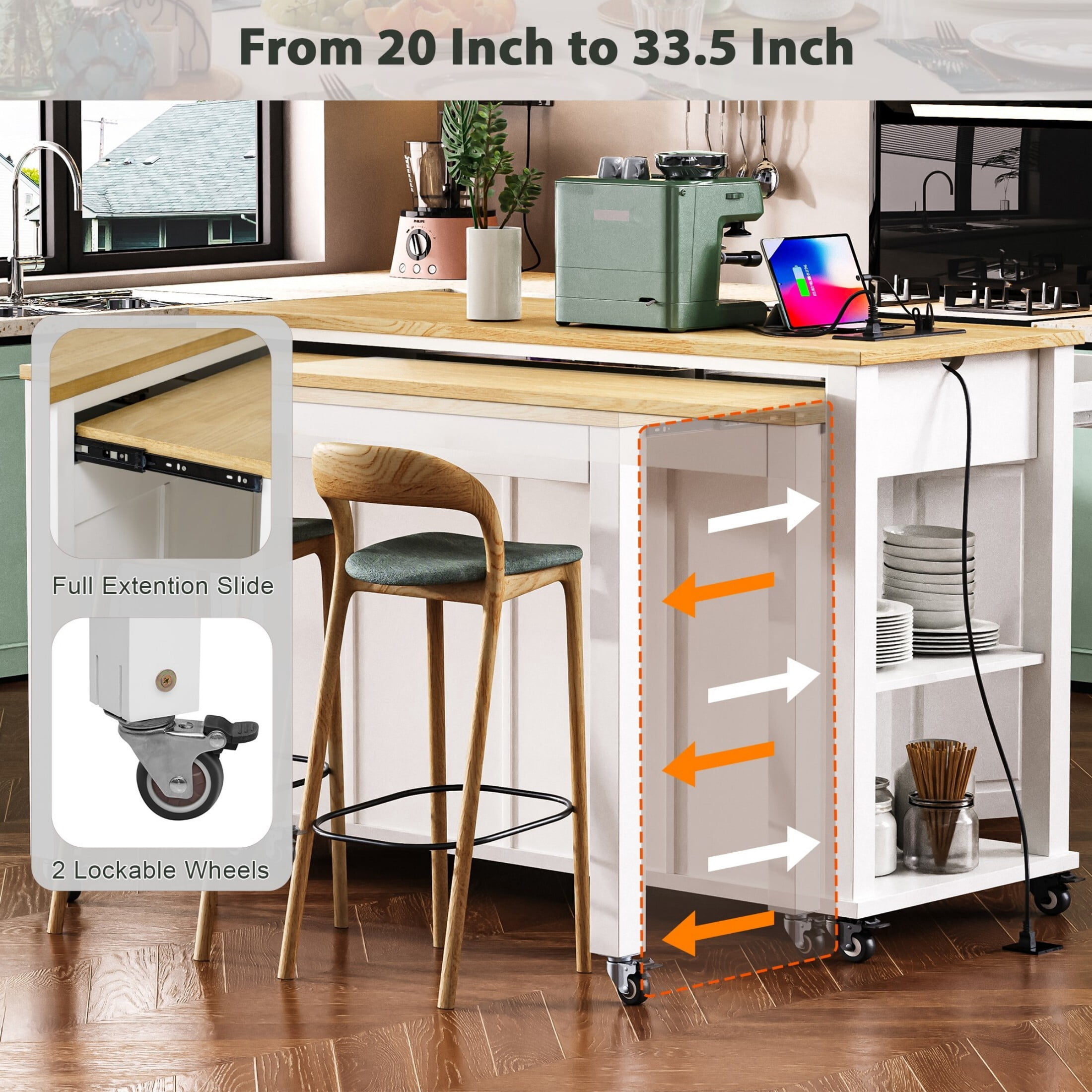 DEALTOPS 47.2'' Kitchen Island Cart with Extendable Table and Open Spaces, Kitchen Storage Cart with Adjustable Shelves, White
