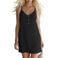 thumbnail image 3 of Afuyipoi Womens 100% Cotton Adjustable Spaghetti Strap V-Neck Button Front Mini Dress, Loose Casual Solid Color Sundress, Soft Breathable Summer Beach Vacation Dress For Women Black Size 2XL, 3 of 9