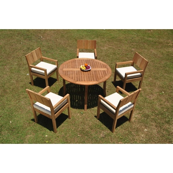 Grade-A Teak Dining Set: 5 Seater 6 Pc: 48" Round Table And 5 Veranda Arm Chairs Outdoor Patio WholesaleTeak #WMVR47