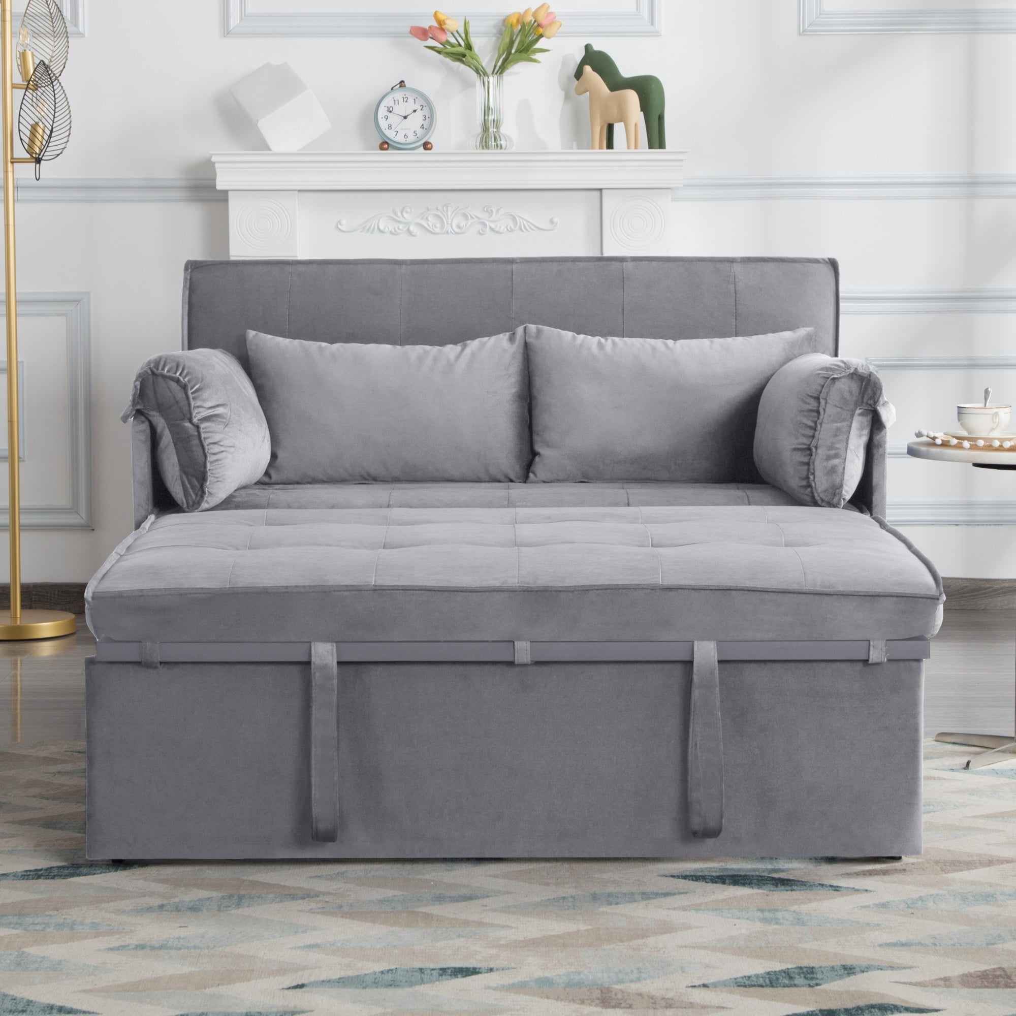 BSHTI 46" Velvet Pull-Out Sleeper Sofa Bed with Adjustable Back, 2 Pillows, Metal Frame for Living Room/Bedroom（Grey）