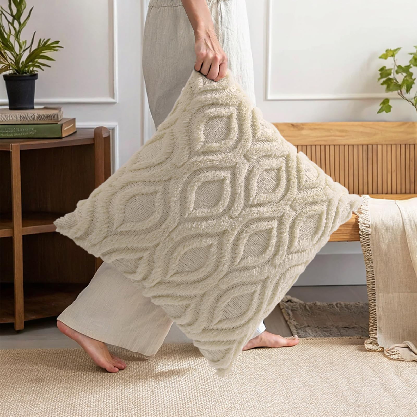 decorUhome Pack of 2 Throw Pillow Covers 24x24, Soft Plush Faux Wool Couch Pillow Covers, Beige (Pillow Cover Only, No Inserts Included)