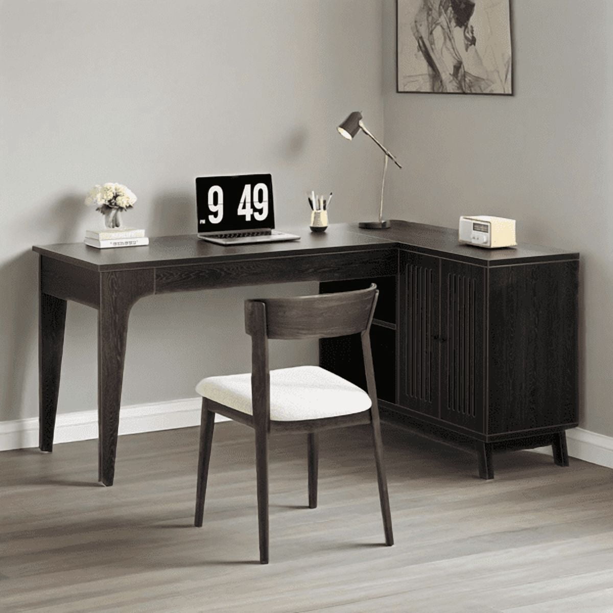 57-Inch L-Shaped Corner Desk - 41"W×19.6"D Work Surface, 2 Open Shelves & Lateral Cabinet - Modern Minimalist Design for Home Office