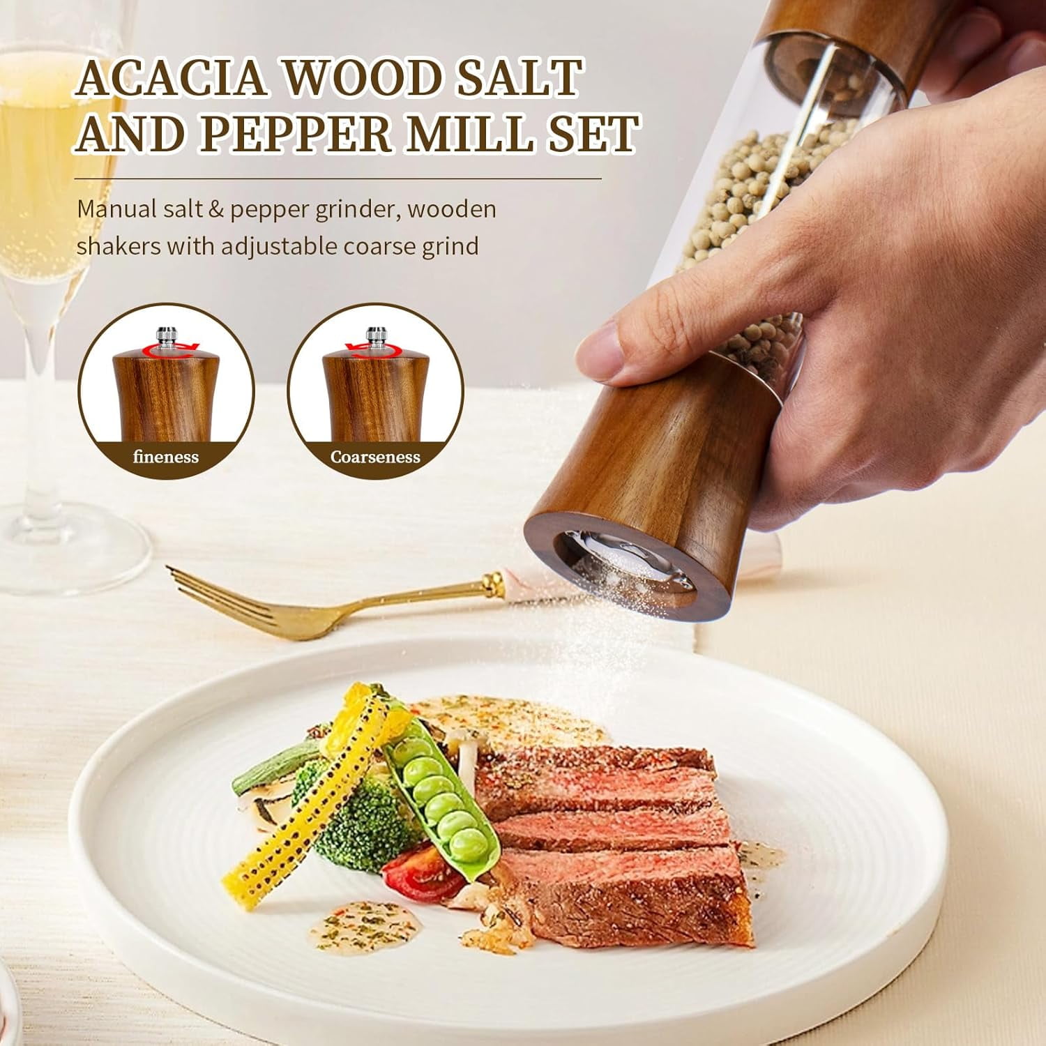Acacia Wood Premium Acrylic Salt Grinder and Pepper Grinder Set 8 Inches Salt and Pepper Mill Set, Manual Salt and Pepper Mills- Wooden Shakers with Adjustable Ceramic Core 2 Pack