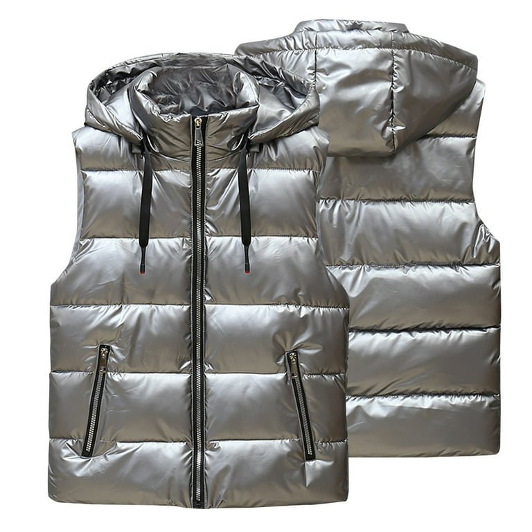 SSAAVKUY Puffer Vest Men Shiny Hooded Reflective Down Jacket Padded Jacket Vest Thick Quilted Puffer Coat Winter Warm Vest Gray 10 Walmart
