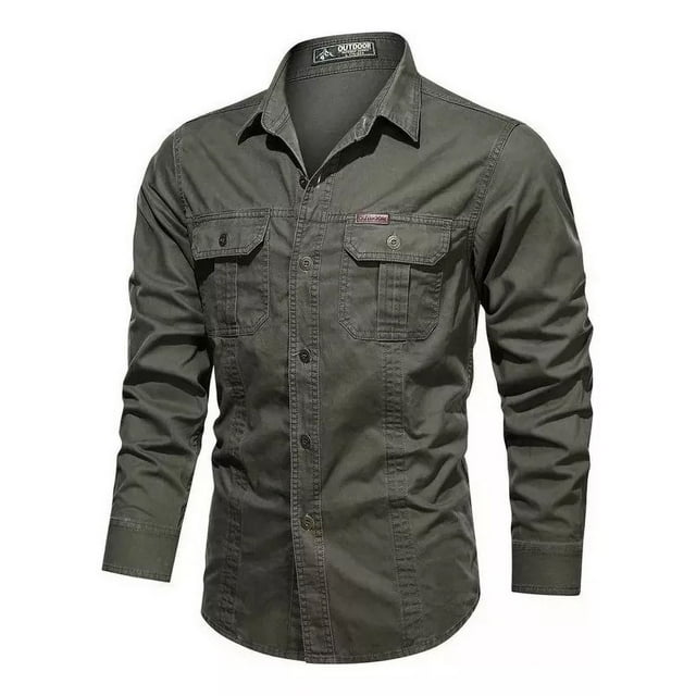 A Camisa Cargo Militar Con Botones De Manga Larga For Hombre