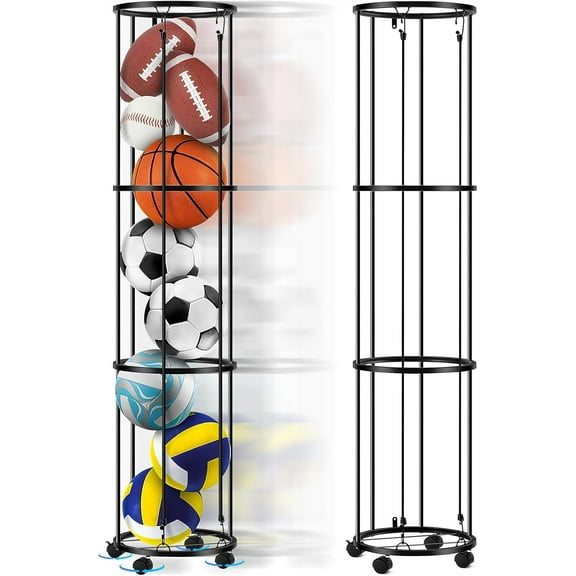 Columnar Vertical Ball Storage Racks with Wheels-New Durable Rolling Basketball Holder Wall Mount for Soccer, Volleyball, Space-Saving Garage Sports Ball Rack Organizer for Home,Gym & Outdoors