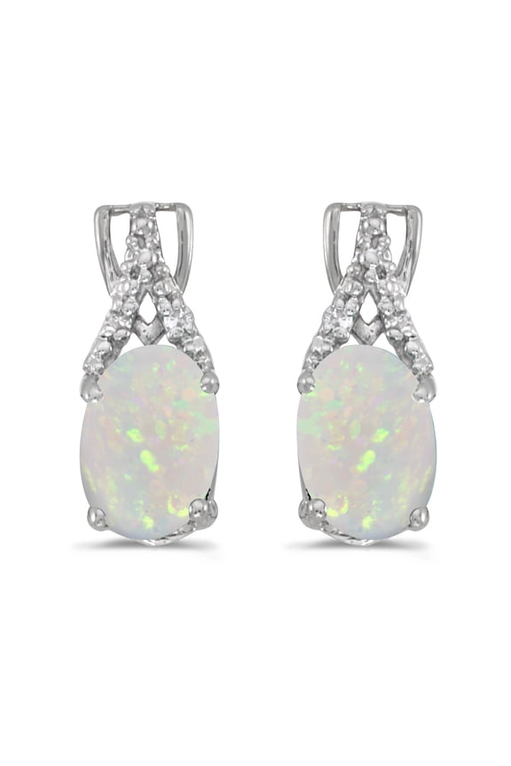 14k White Gold .5 ct Oval Opal 7x5mm Gemstone Leverback Diamond Accented Drop Earrings for Women (.02 ct)