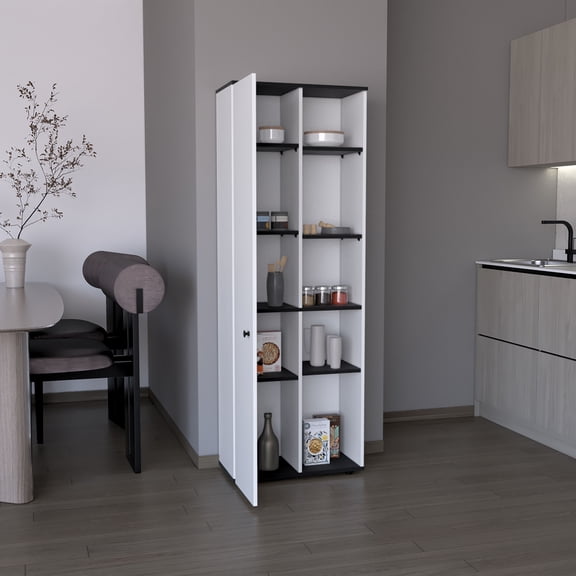 67" H Kitchen Storage Cabinet With One Door, Five Interior Shelves and Five Exterior Shelves,White/Black