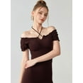 thumbnail image 4 of Women'S Cold Shoulder Summer Halter Top Short Sleeve Off the Shoulder Rib Knit Crop Top Tee Shirt Coffee Color XL, 4 of 7
