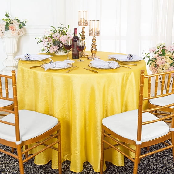 Wedding Linens Inc. 132" Round Crushed Taffeta Tablecloth Crinkle Taffeta Tablecloths Table Cover Linens for Wedding, Events, Decorations - Canary Yellow