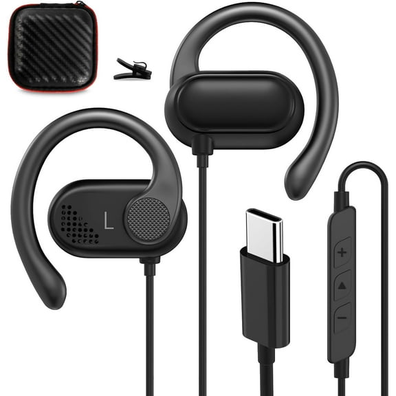 Open Ear Headphones Wired for Samsung S25 S24 Ultra S23 Fe S22  A35, USB Type C Earphone with Mic Over Ear Wired Earbuds with Ear Hook for iPhone 17 Air 16 15 Pro Max Plus iPad Pixel 10 9 8a 7