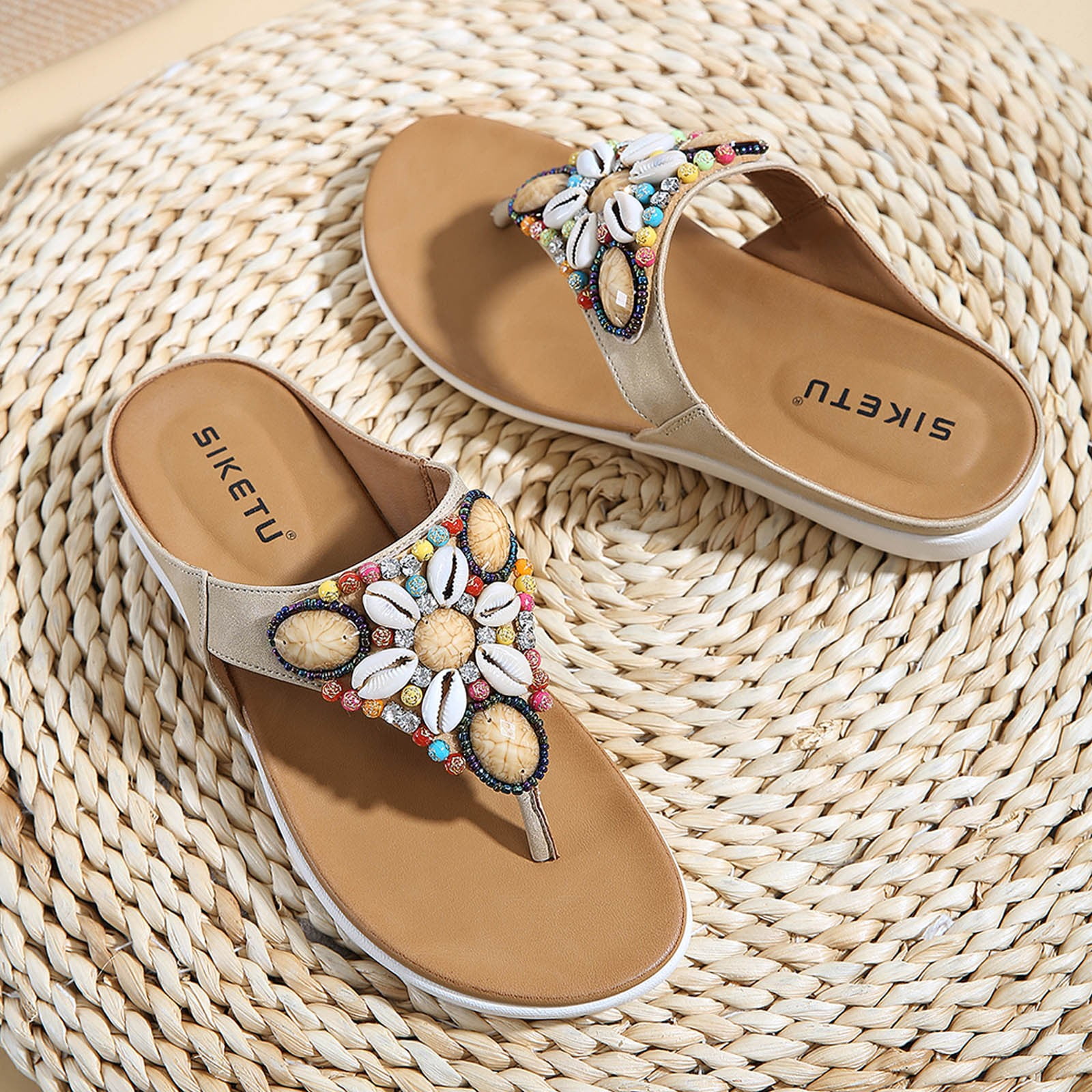 White Strappy Sandals for Women Shoes Summer Ethnic Style Slippers Beach Seaside Bohemian Retro Beaded Shell Mid Heels Sandals Flip Flops Adidas Women Sandals on Clearance Walmart