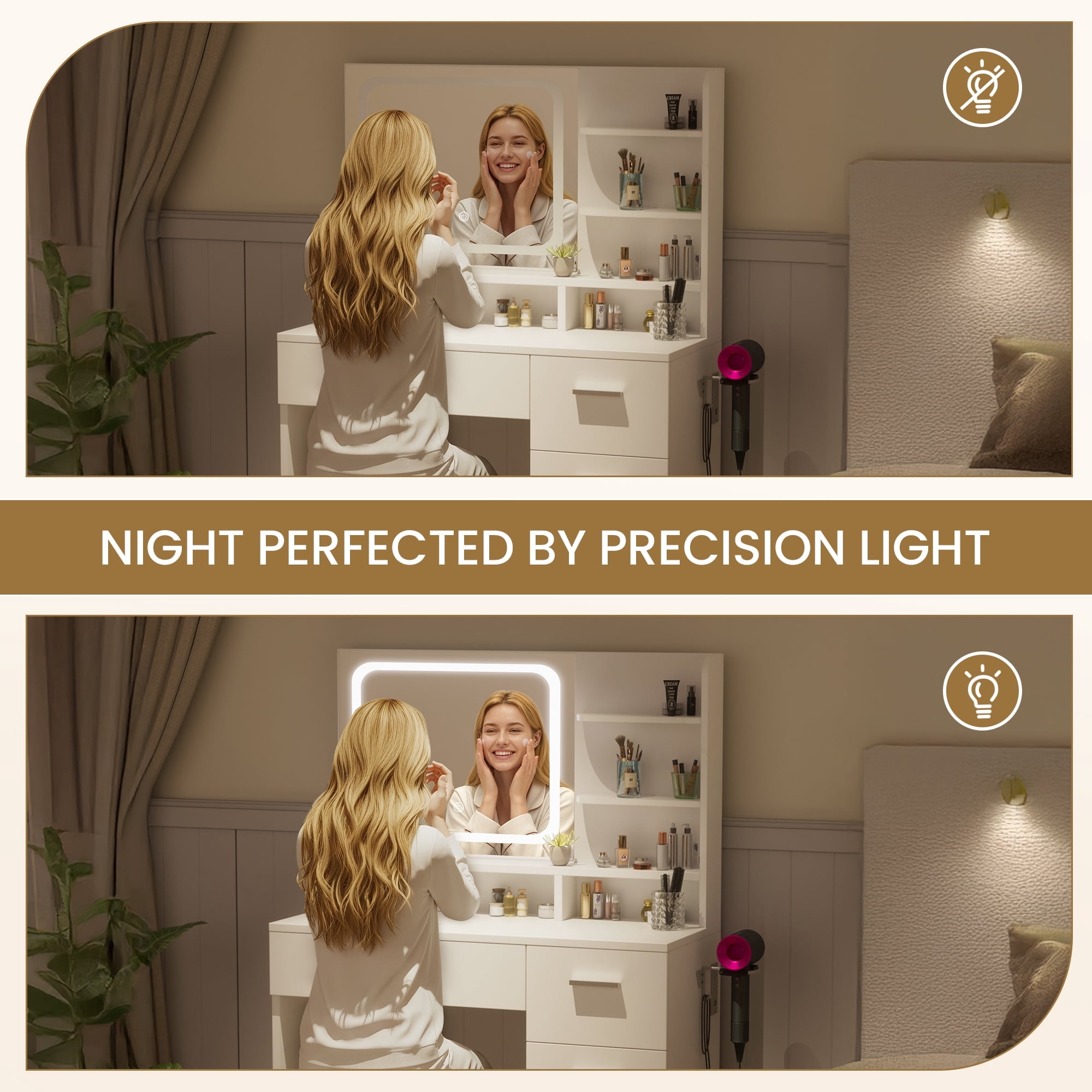 LIVELYGLOW Vanity Set with Stool,Smart LED Mirror Makeup Vanity Set with Power Outlet,Vanity Dressing Table for Bedroom,White