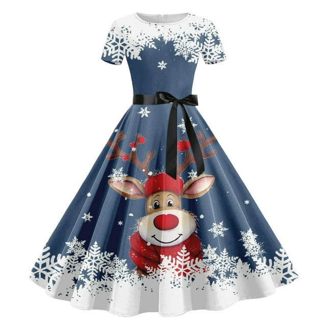 Wyzesi Robes Femmes Robe Décontractée Imprimée à Manches Courtes Costume de Pyjama de Noël
