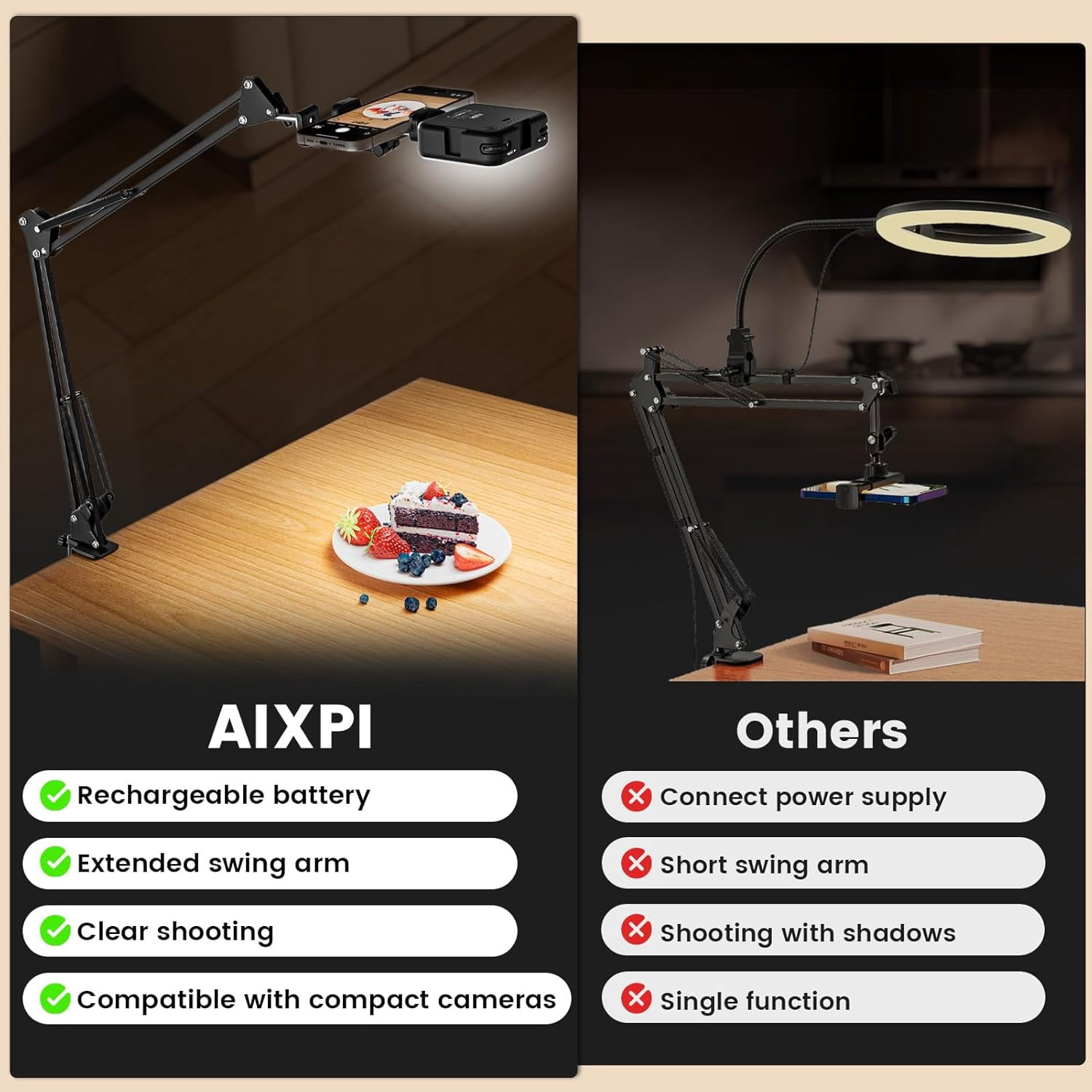 Overhead Phone Mount with LED Selfie Light and Bluetooth Remote, Rechargeable Ring Light Tripod Stand with Flexible Boom Arm, Desk Phone Holder for Video Recording, Live Streaming, TikTok,