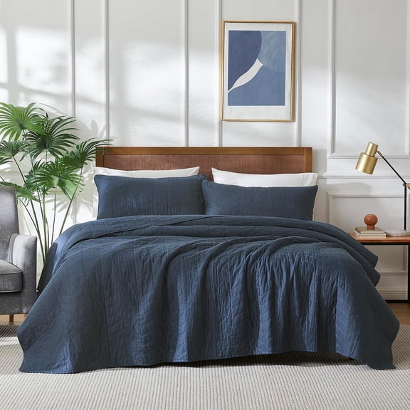Navy Blue Cotton Twin Quilt Set with Pillow Sham 68x86 Inches