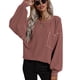 thumbnail image 3 of Jersey de mujer con cuello redondo y mangas largas abullonadas, dobladillo suelto, Top informal de Color puro con bolsillo, rojo vino M, 3 of 6