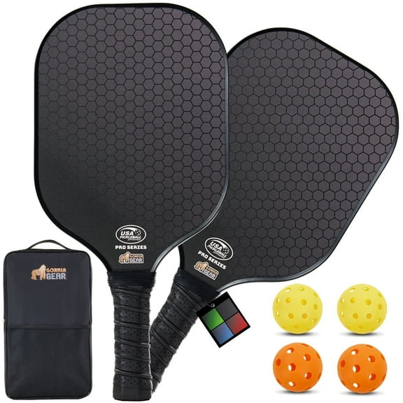 Gorilla Gear Pickleball Paddle Set of 2 with Pickleball Balls, Bag, USAPA Approved Fiberglass Racket, Black
