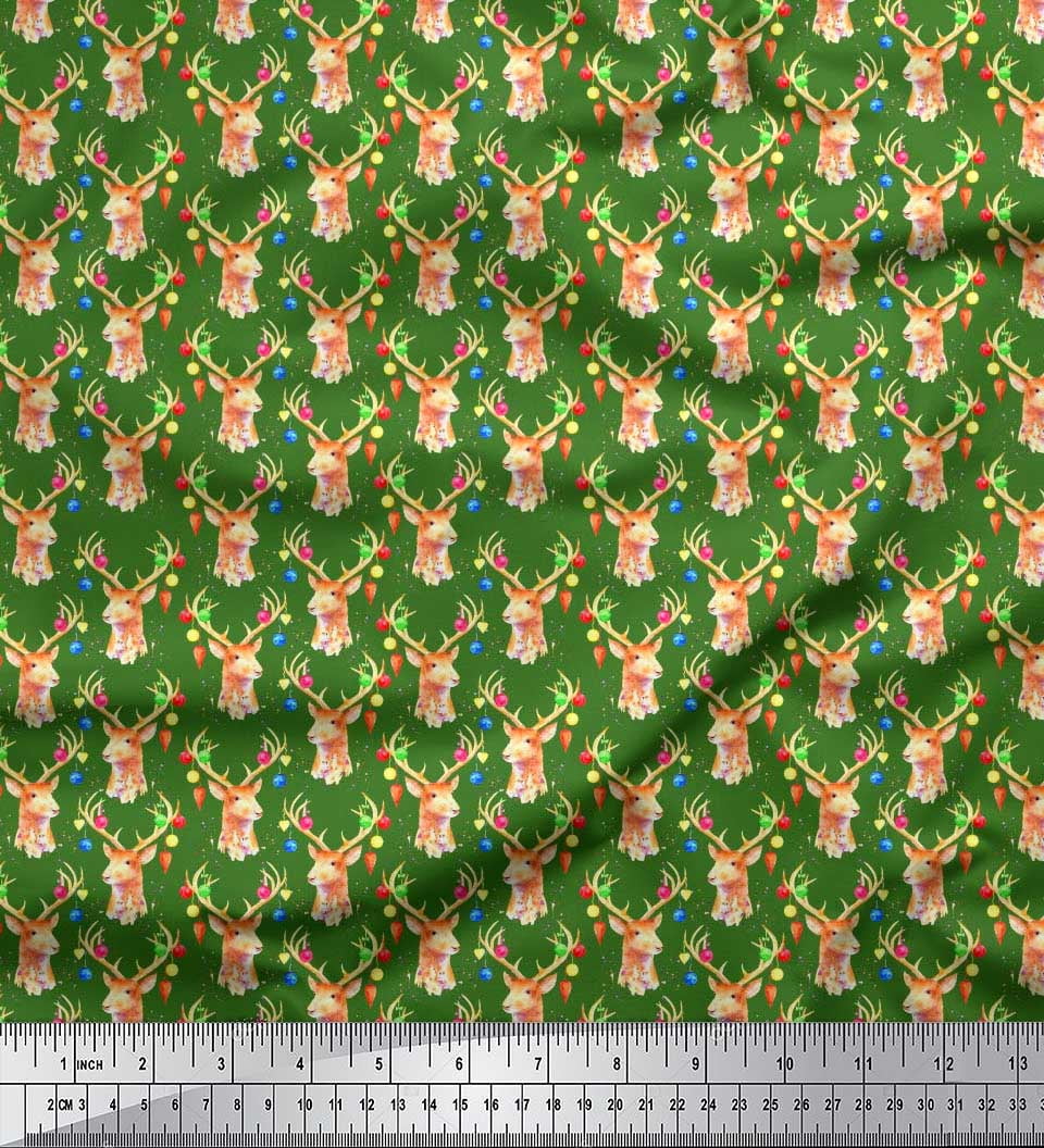 Soimoi Silk Fabric Christmas Baubles & Reindeer Face Animal Print Sewing Fabric Yard 42 Inch Wide