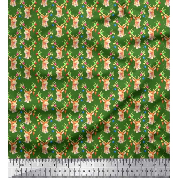 Soimoi Silk Fabric Christmas Baubles & Reindeer Face Animal Print Sewing Fabric Yard 42 Inch Wide