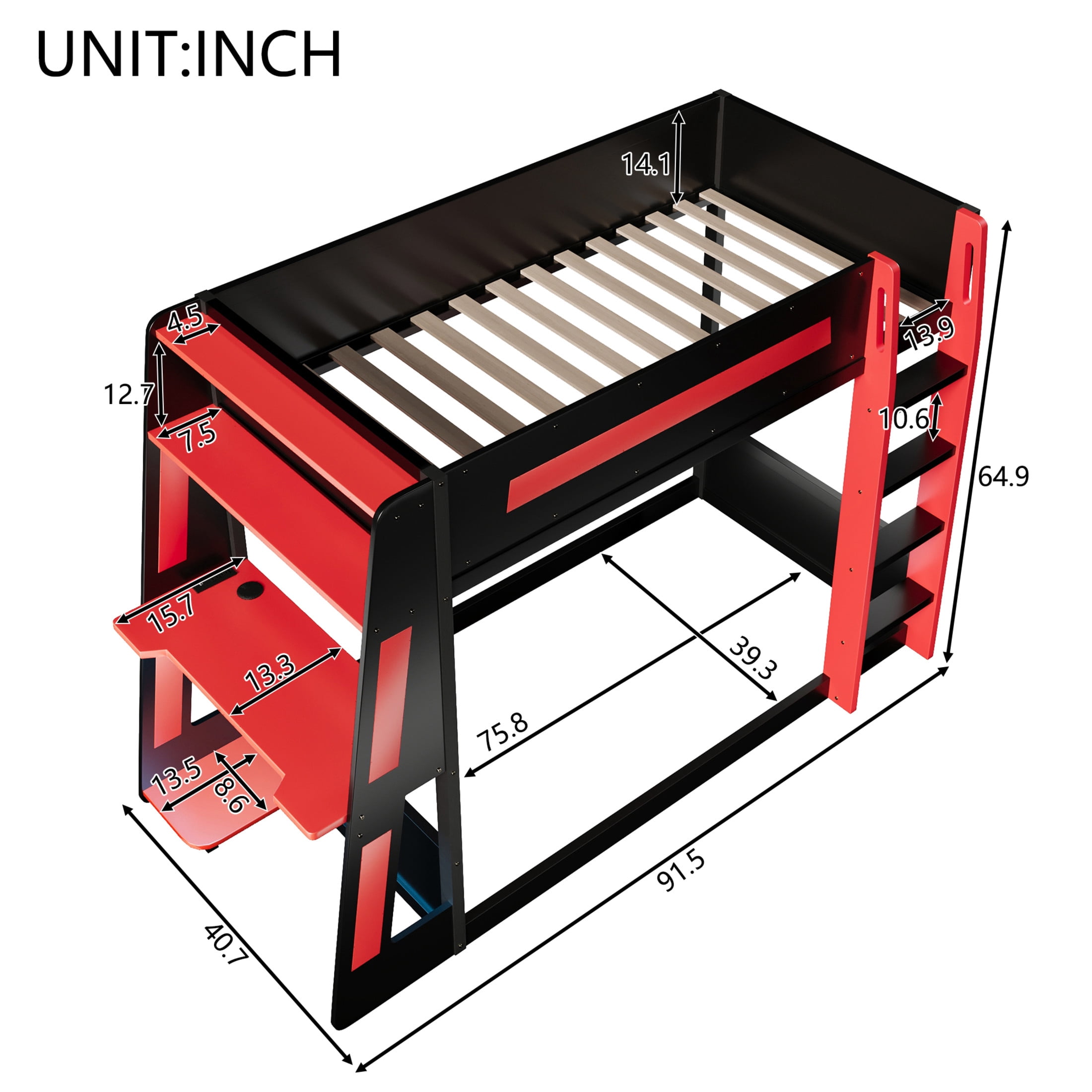 Noble House Nira Twin Gaming Bunk Bed with Desk and LED Lights, Wood Loft Bed with Charging Ports, Black and Red
