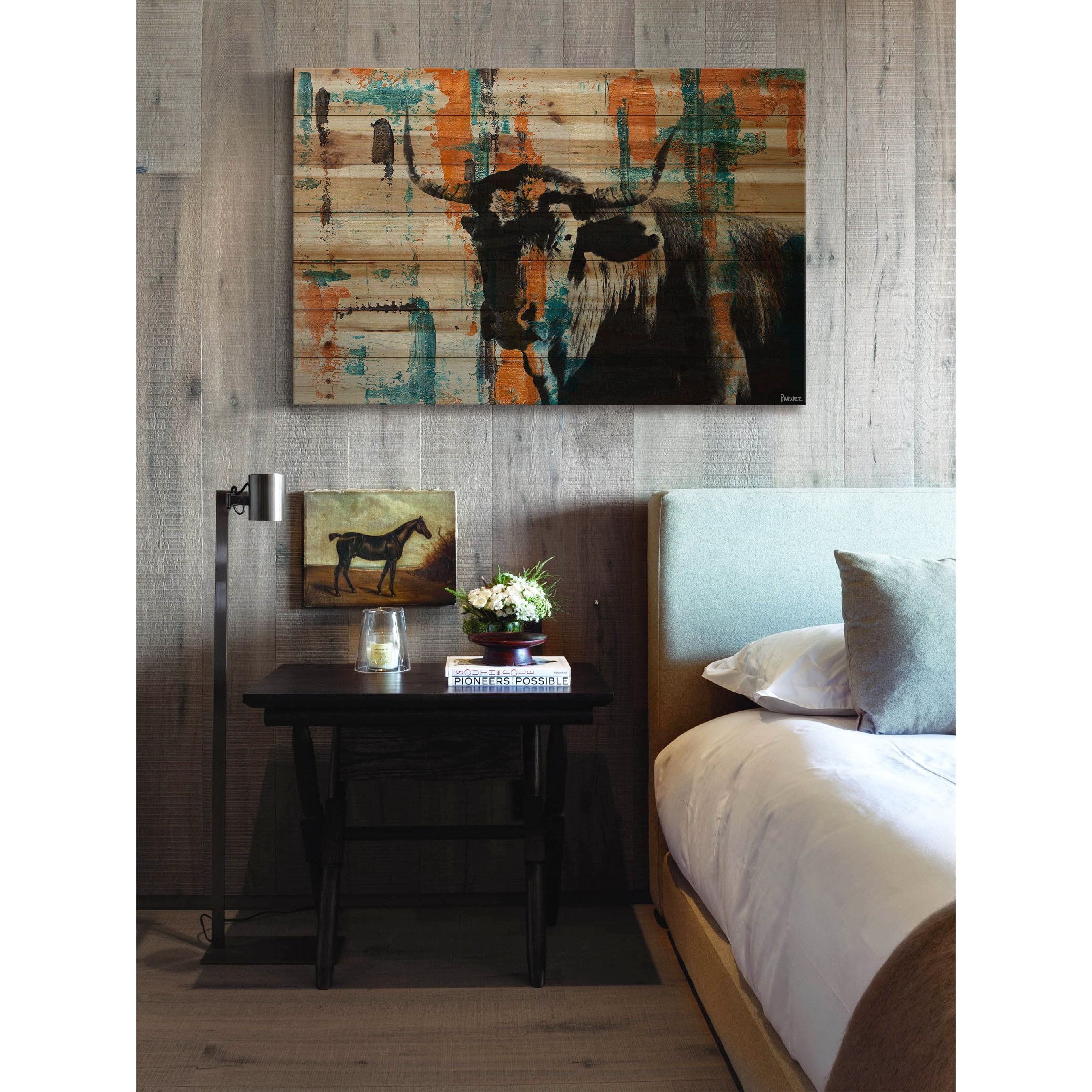 "Orange Teal Steer" Painting Print on Natural Pine Wood