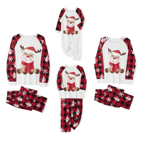 

Sunisery Family Matching Christmas Pajamas Sets Long Sleeve Elk Print Tops Plaid Pants Sleepwear Set Pjs