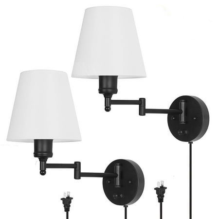 

Wadavr Swing Arm Wall Lamp Plug-in or Hard-Wired with Fabric Shade，White