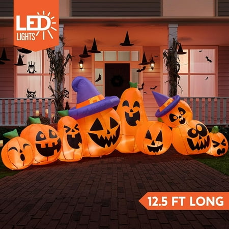LIUYANG 12.5 FT Halloween Inflatable Pumpkin Outdoor Decorations, Blow Up Yard Decorations with Witch Hat, 9 Pcs Blow Up Pumpkin Inflatable with Built-in LEDs for Halloween Decor