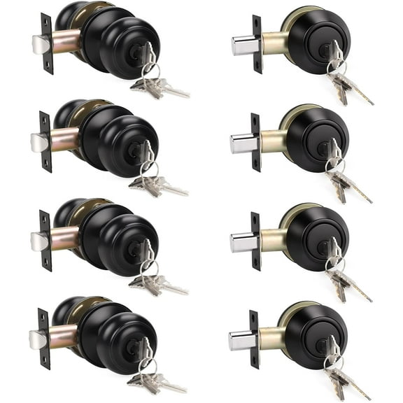 4 Pack Keyed Entry Door Knob and Single Cylinder Deadbolt Combo Set, Matte Black Exterior Door Knobs with Lock and Key for Entrance and Front Door, Keyed Alike Round Door Knob and Deadbolt