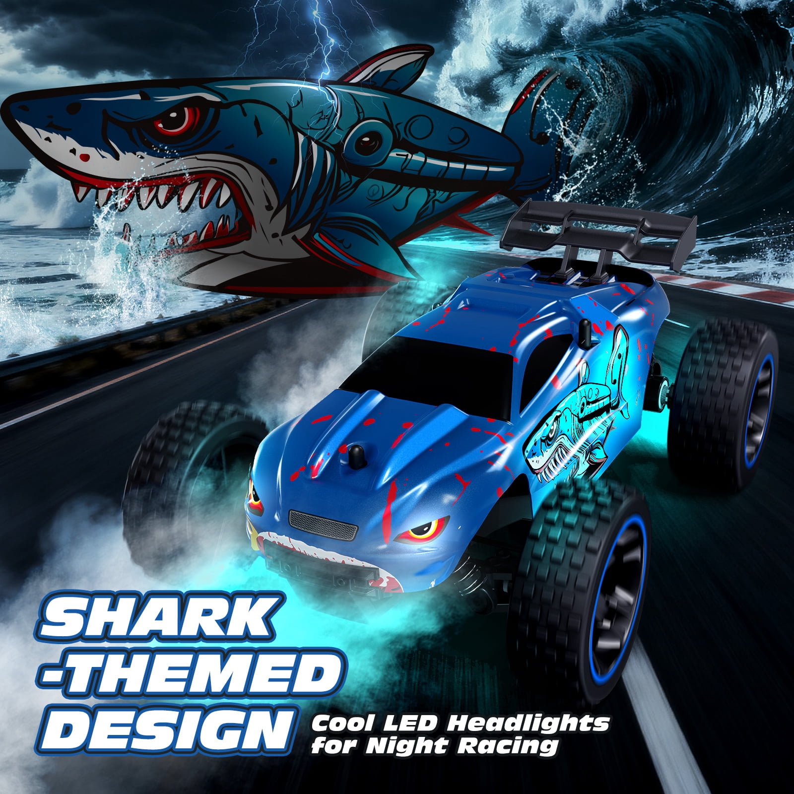 Tecnock RC Cars for Kids, 1:18 Scale 2WD Off-road Remote Control Car with USB-C Easy Charging, 2.4GHz RC Trucks with LED Lights & 50 Mins Playtime